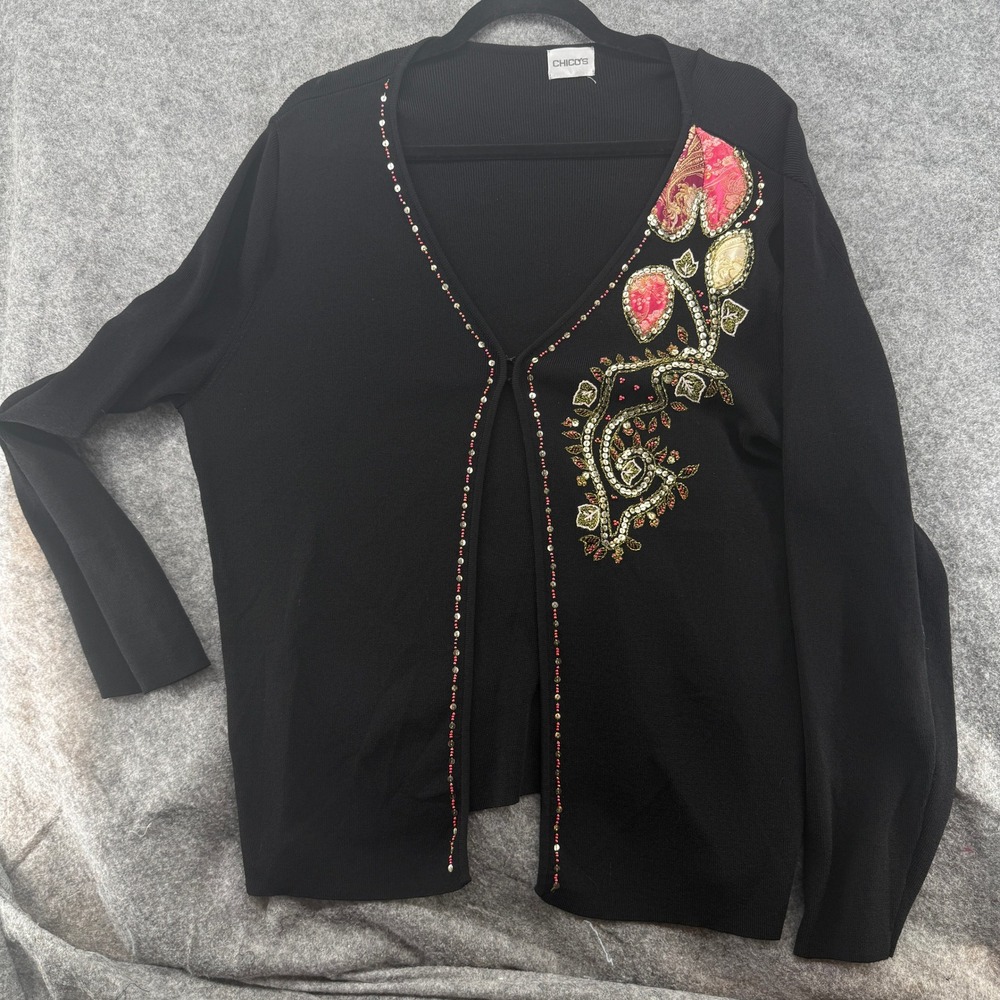 Chico's Cardigan Women Size 3 Black Floral Embroidered Beaded Sequin Sweater